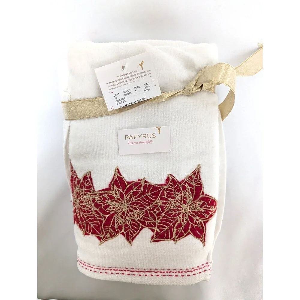 Papyrus Set of 2 Christmas Red Gold Poinsettias Hand Towels